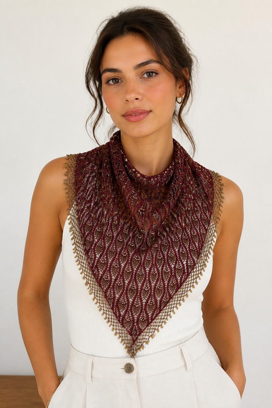 Vintage Burgundy Beaded Crochet Shawl Scarf Wrap